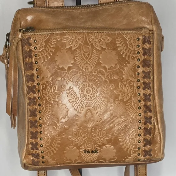 The Sak Embossed Leather Backpack | Boho Tooled Brown Mini Bag - Picture 1 of 6